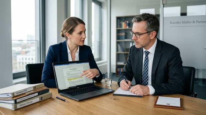 Professionals besprechen Unfall mit Personenschaden, Notizen auf Laptop.