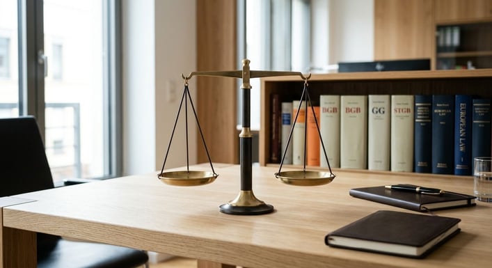 Eine metaphorische Darstellung von Gerechtigkeit und Ausgleich durch eine stilistisch moderne Waage der Justiz, umgeben von einem aufgeräumten Schreibtisch mit juristischen Büchern im Hintergrund.
