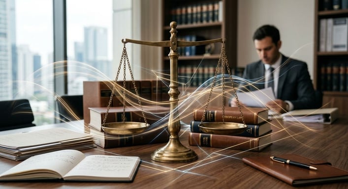 Symbole für Rechtswissenschaft und komplexe Entscheidungsfindung, wie eine Waage der Gerechtigkeit umgeben von abstrakten Formen, die verschiedene Aspekte der Haftung und des Gesetzes darstellen.
