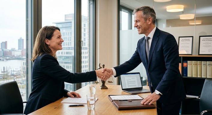 Zwei Personen, ein Anwalt und ein Klient, die sich zur Besiegelung einer erfolgreichen Zusammenarbeit die Hände schütteln, symbolisiert Vertrauen, professionelle Unterstützung und eine positive Lösung.