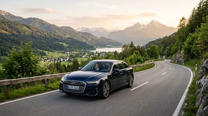 Eine malerische europäische Küstenstraße oder Berglandschaft mit einem Auto, das entspannt fährt, symbolisiert internationale Reisen und die Notwendigkeit von vorbereiteter Unterstützung im Falle eines unerwarteten Ereignisses.