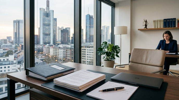 Eine moderne, helle Anwaltskanzlei mit Blick auf eine Stadtlandschaft, die Professionalität und Kompetenz ausstrahlt, symbolisiert die erste Orientierung im Fall einer Gehirnerschütterung und den Anspruch auf Schmerzensgeld.
