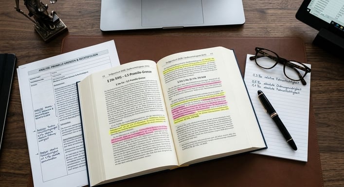 Rechtliche Dokumente und Paragraphen zeigen Promillegrenzen.