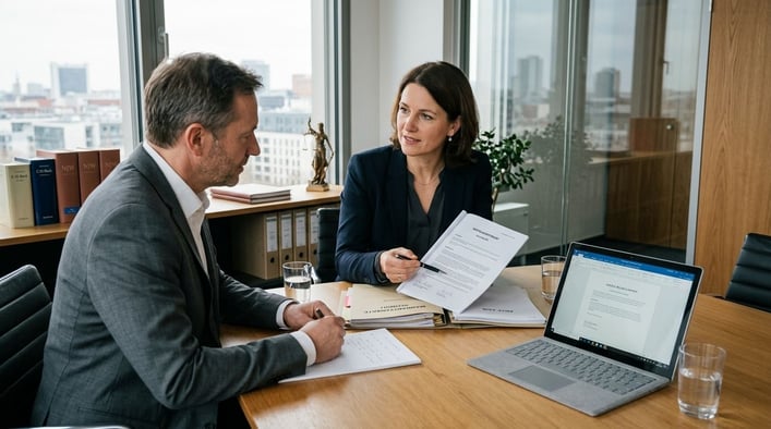 Professional in business attire erklärt Schmerzensgeld Knochenbruch am Konferenztisch.