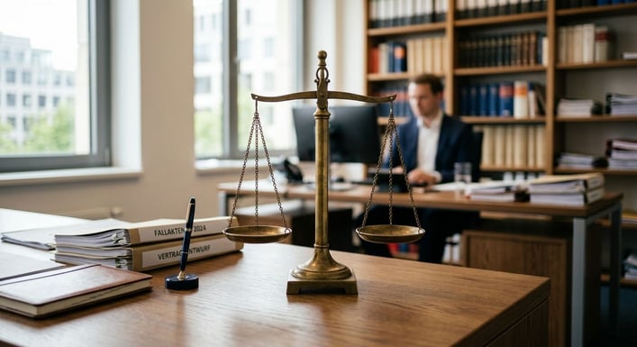 Justizwaage auf einem Schreibtisch, symbolisiert die Folgen eines Unfalls.