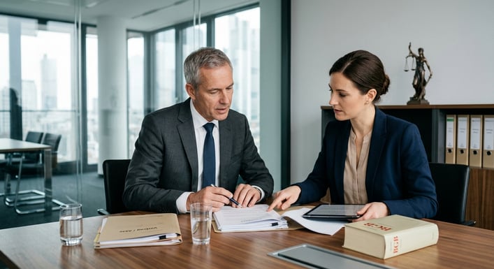 Zwei Personen in Business-Kleidung besprechen Unfall Probezeit Dokumente in einem Konferenzraum.