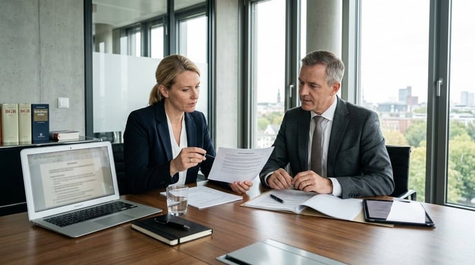Professionals besprechen Dokumente in einem modernen Konferenzraum über Unfallgegner.