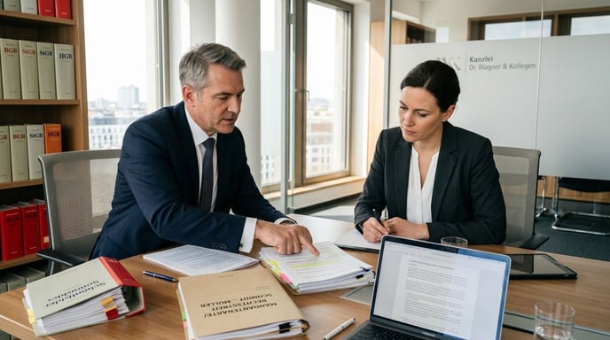 Zwei Personen im Büro besprechen Unfallgegner macht falsche Angaben.