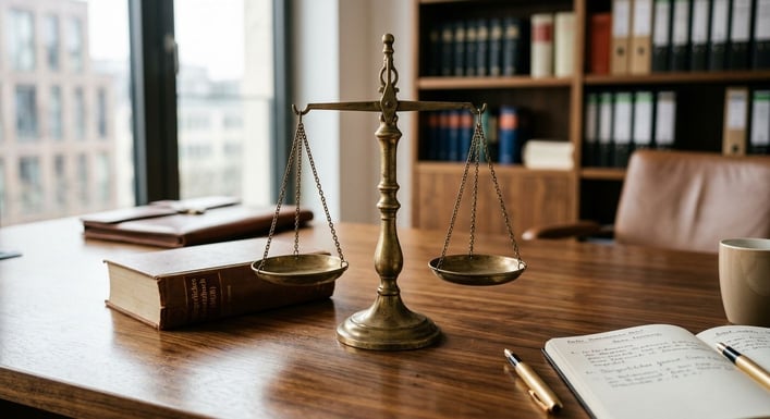 Justizwaage auf Schreibtisch, symbolisiert Unfallgegner macht falsche Angaben Gerechtigkeit.