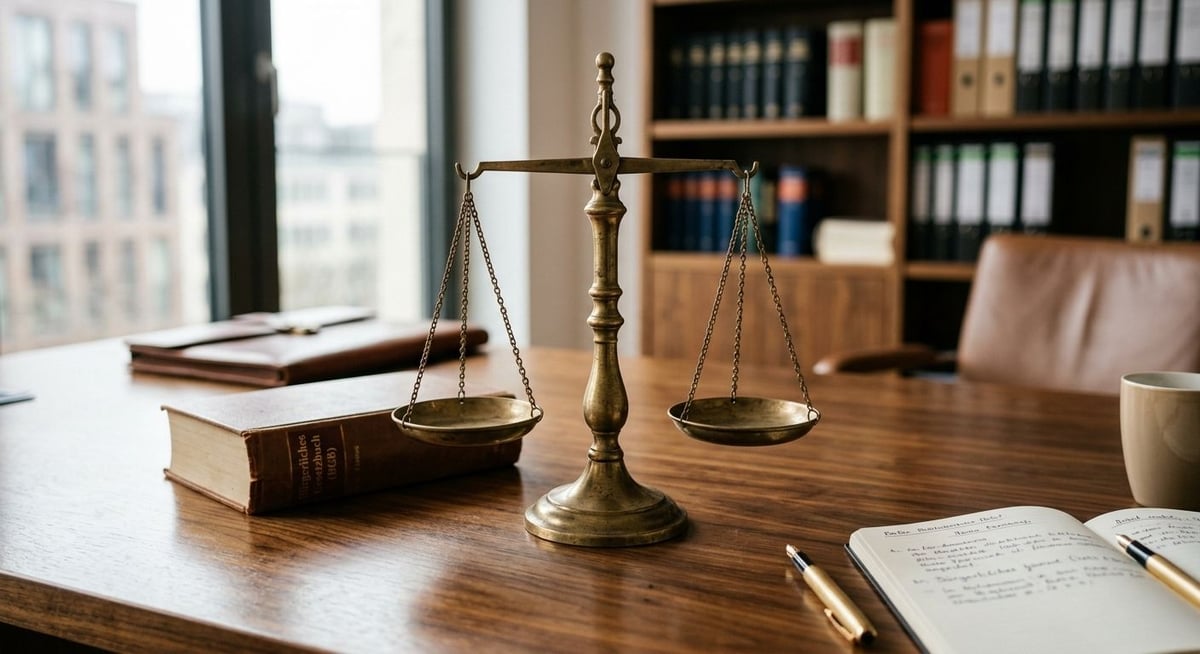Justizwaage auf Schreibtisch, symbolisiert Unfallgegner macht falsche Angaben Gerechtigkeit.