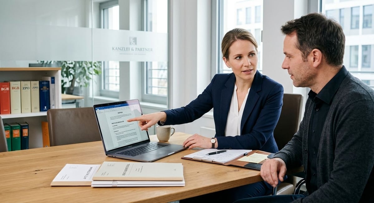 Eine Person zeigt einer anderen Person wichtige Informationen auf einem Laptop-Bildschirm.