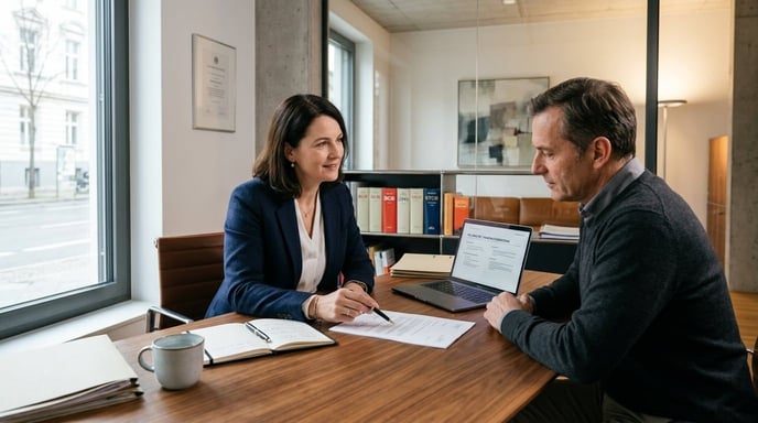 Professional erklärt einem Büro-Besucher die Rechte bei Unfallgegner meldet Schaden nicht.