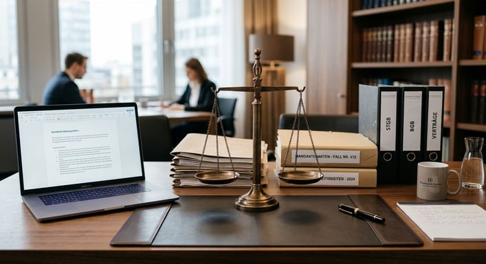 Eine Justizwaage steht auf einem aufgeräumten Schreibtisch neben Aktenordnern.
