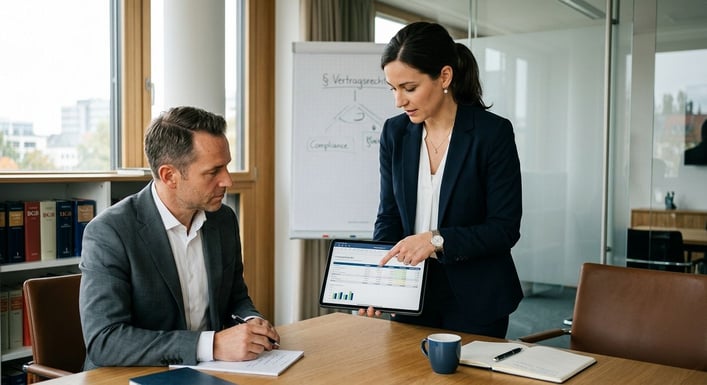 Eine Person zeigt auf eine Tabelle mit Finanzdaten auf einem Tablet.