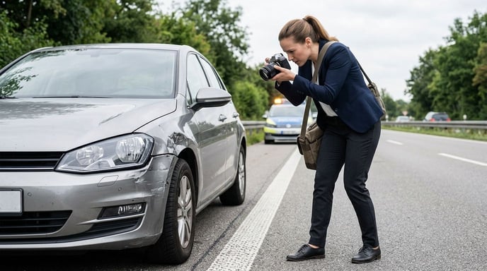 Eine Person in Business-Kleidung macht Fotos von einem beschädigten Fahrzeug auf der Straße.