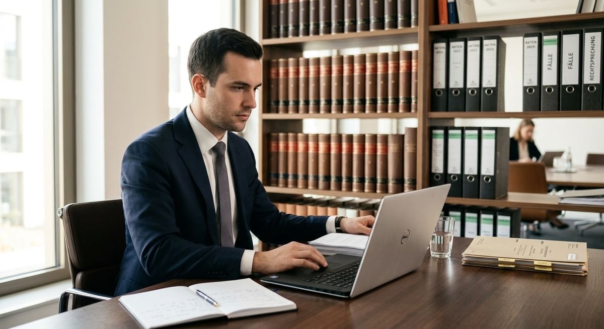 Eine fokussierte Person arbeitet an einem Laptop mit Aktenordnern im Hintergrund.