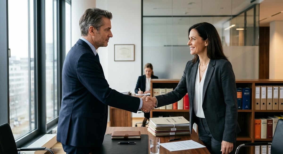Eine Person in Business-Kleidung gibt einer anderen Person die Hand in einem Büro.