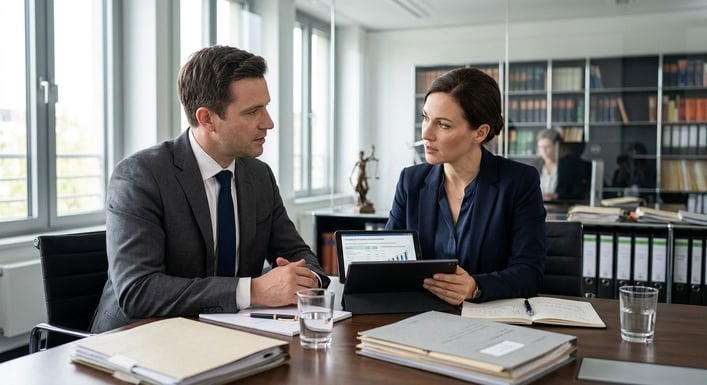 Zwei Personen besprechen am Schreibtisch Finanzdokumente und Geschäftszahlen auf einem Tablet.