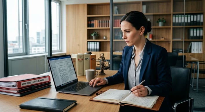Eine fokussierte Person arbeitet an einem Laptop, umgeben von Geschäftsdokumenten und Notizen.