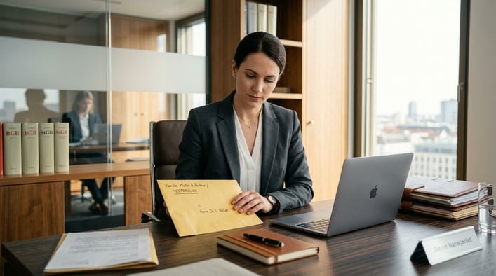 Eine Person in Business-Kleidung betrachtet einen gelben Umschlag auf einem Schreibtisch.