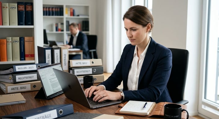 Eine Person tippt konzentriert auf einem Laptop, umgeben von Aktenordnern auf einem Schreibtisch.