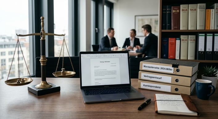 Eine Justizwaage steht auf einem Schreibtisch neben einem Laptop und Aktenordnern.