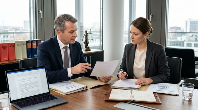 Zwei Personen in Business-Kleidung besprechen wichtige Dokumente an einem Schreibtisch.