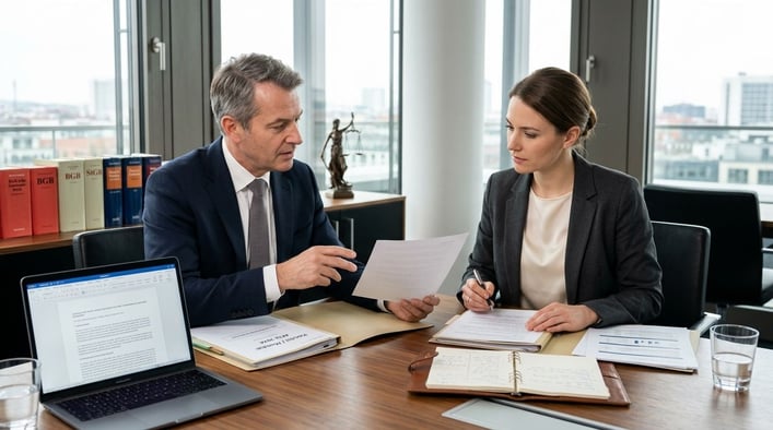 Zwei Personen in Business-Kleidung besprechen wichtige Dokumente an einem Schreibtisch.