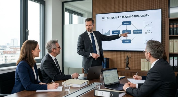 Eine Person in Business-Kleidung zeigt auf ein Diagramm während eines Meetings.
