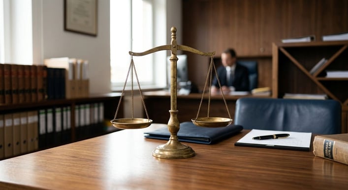 Eine Justizwaage steht auf einem polierten Holztisch in einem ruhigen Büro.
