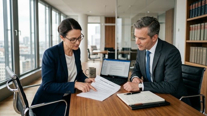 Zwei Personen besprechen am Schreibtisch strittige Unfallunterlagen.