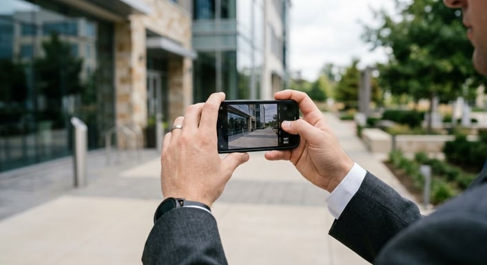 Eine Person macht Fotos von einem Unfallort mit dem Smartphone.