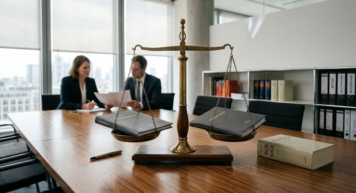 Eine Justizwaage balanciert zwei Aktenordner auf einem Holztisch.