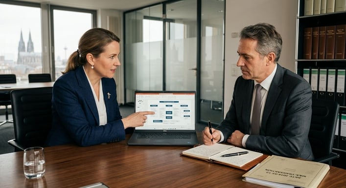Eine Person zeigt auf ein Diagramm auf einem Laptop-Bildschirm.