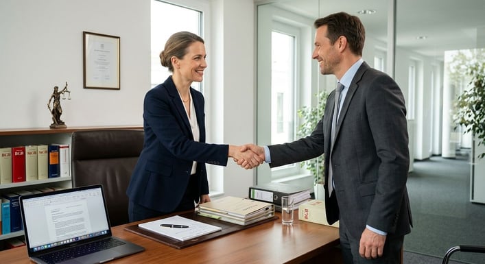 Eine Person in Business-Kleidung schüttelt einem Büro-Besucher die Hand.