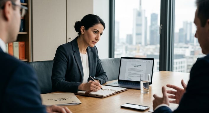 Eine Person in Business-Kleidung macht sich Notizen während eines Beratungsgesprächs.