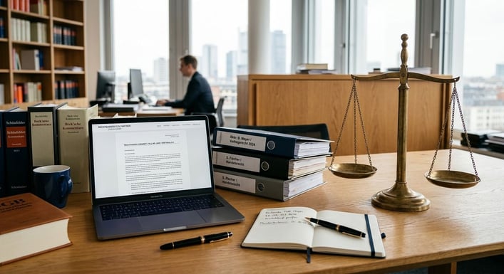 Eine Justizwaage steht auf einem Schreibtisch neben einem Laptop und Aktenordnern.