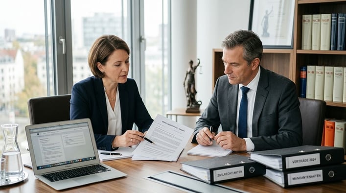 Zwei Personen in Business-Kleidung besprechen Dokumente an einem Konferenztisch.