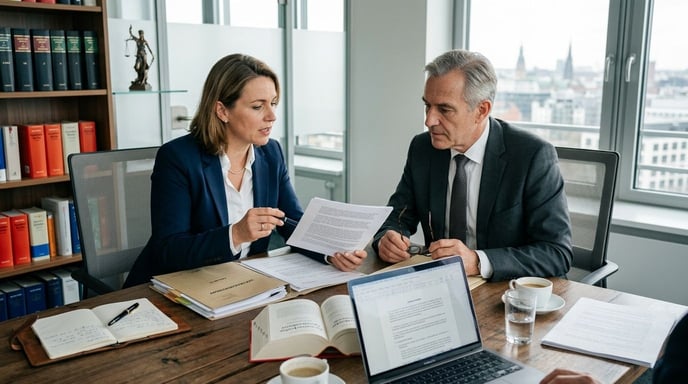 Zwei Personen besprechen am Schreibtisch strittige Unfallunterlagen.