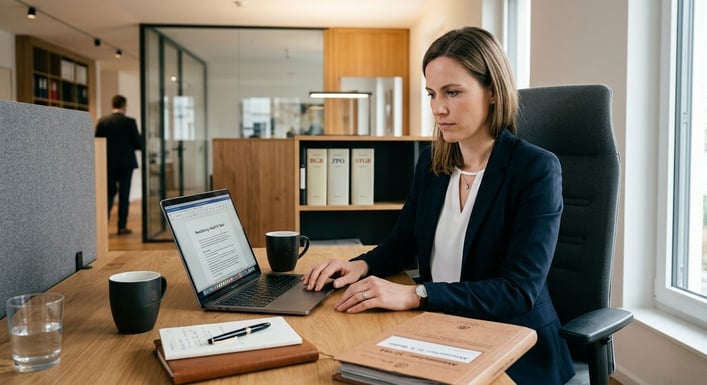 Eine Person in Business-Kleidung arbeitet konzentriert an einem Laptop im Büro.