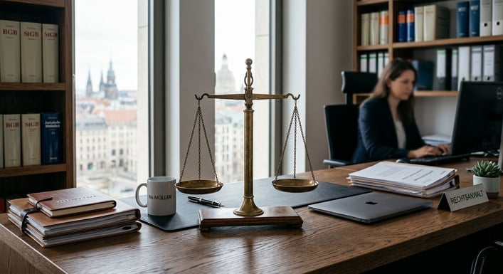 Eine Justizwaage steht symbolisch auf einem aufgeräumten Schreibtisch im Büro.