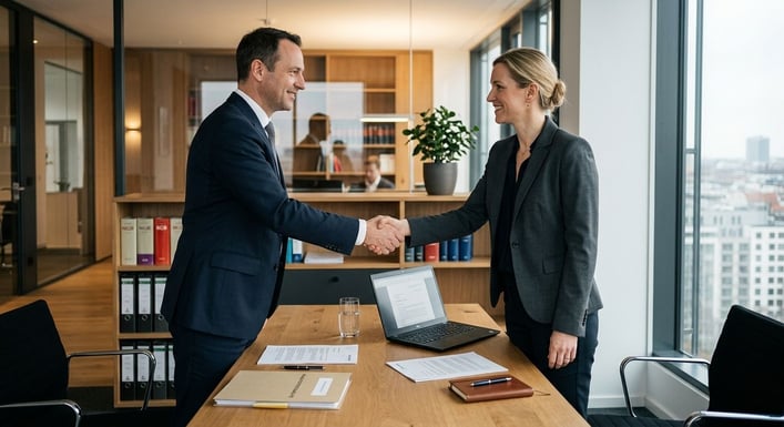 Zwei Personen geben sich nach einem erfolgreichen Beratungsgespräch die Hand.