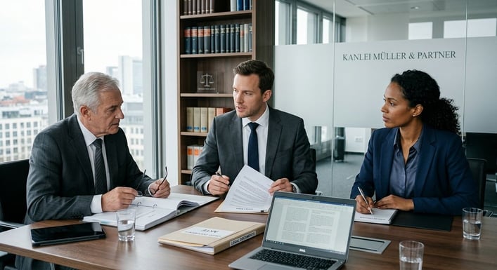Drei Personen in Business-Kleidung führen ein Beratungsgespräch in einem Konferenzraum.
