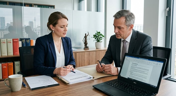 Zwei Personen besprechen am Schreibtisch die Unterschiede zwischen Versicherungspolicen.