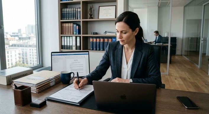 Eine Person in Business-Kleidung füllt Formulare am Schreibtisch aus, mit einem Laptop daneben.