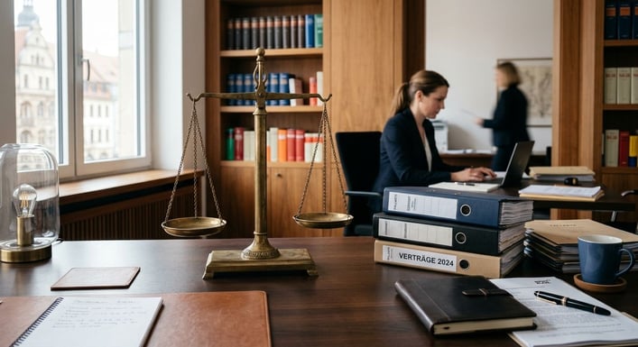 Eine Justizwaage steht auf einem Schreibtisch neben Aktenordnern in einem Büro.
