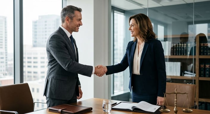 Zwei Personen geben sich nach einem Beratungsgespräch im Büro die Hände.
