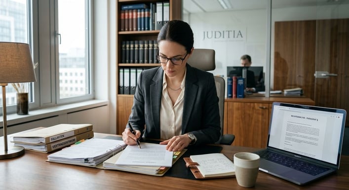 Eine Person am Laptop prüft konzentriert Dokumente auf einem aufgeräumten Schreibtisch.