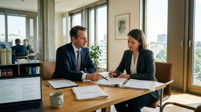Eine Person in Business-Kleidung zeigt einer anderen Person Dokumente am Schreibtisch.