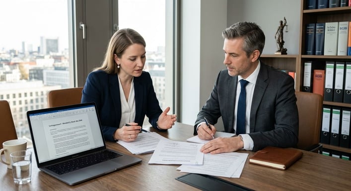 Zwei Personen in Business-Kleidung besprechen Dokumente an einem Konferenztisch.